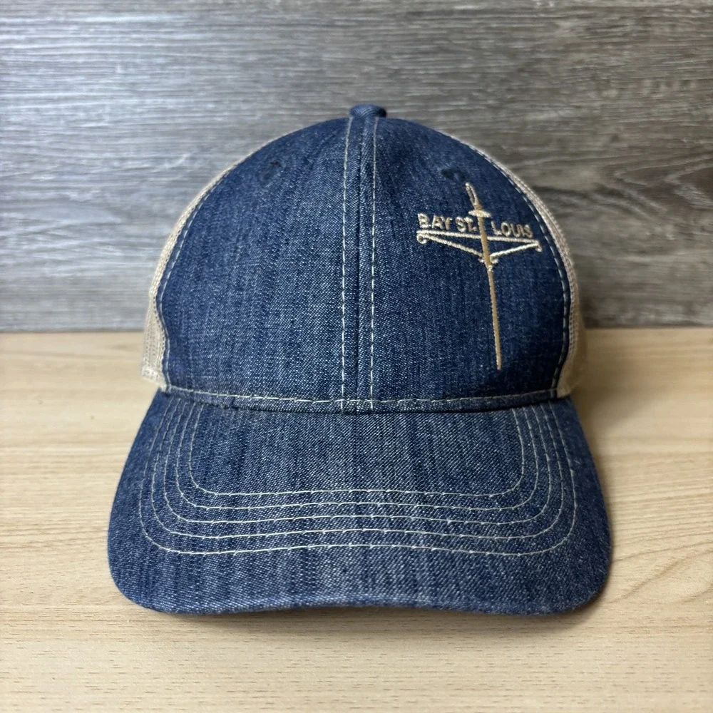 Bay St Louis Hat Cap Snap Back Blue Denim Tan Mesh Trucker Embroidered Mens